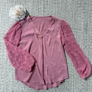 Luxe pink V neck Swiss dot sleeve blouse